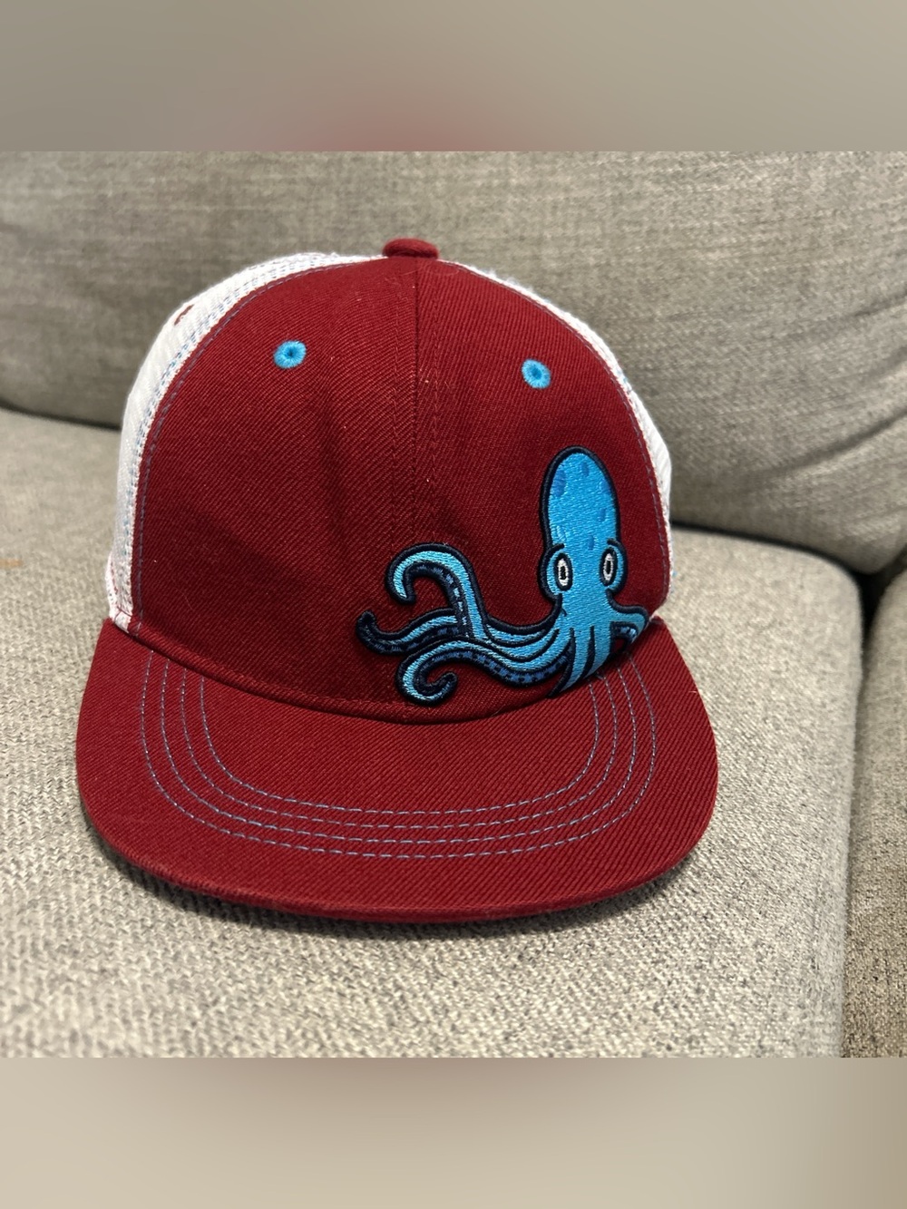 Kids' Red and White Octopus Trucker Hat - Blue Accent